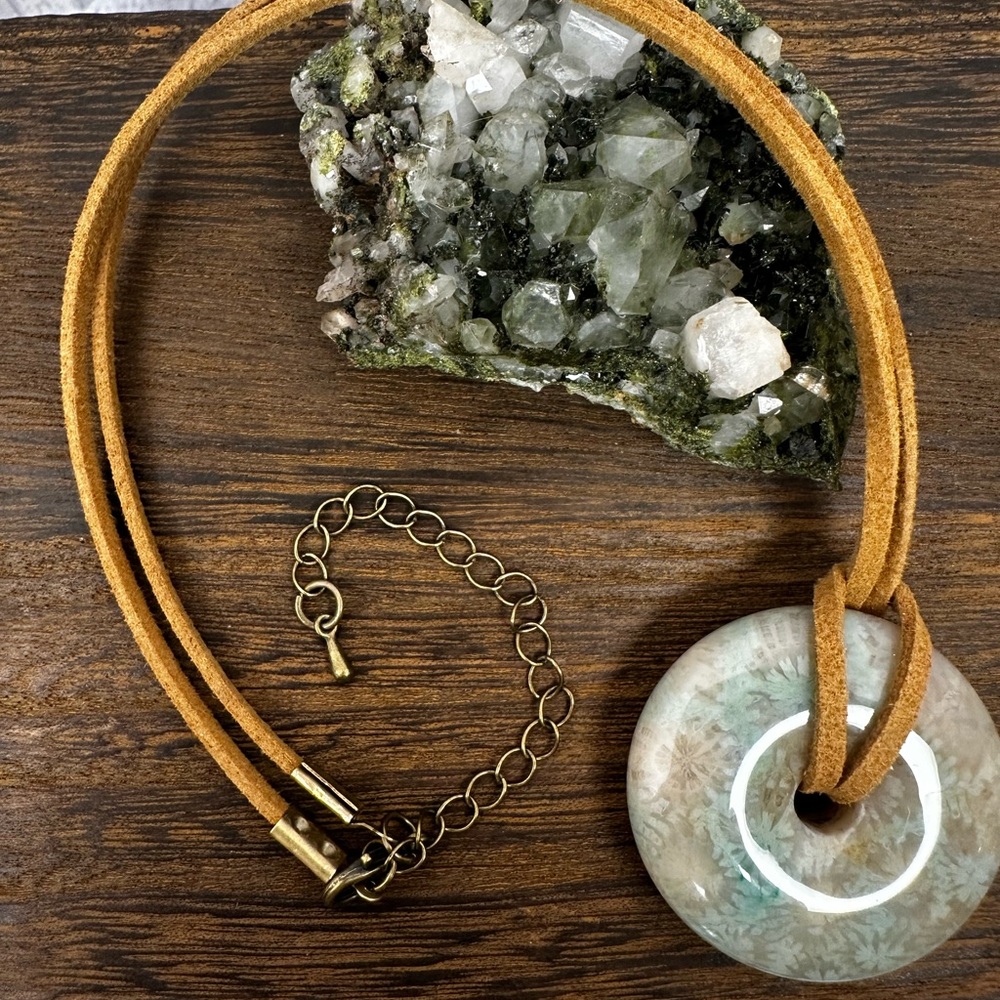 Green Coral Fossil Donut Pendant on Brown Faux Suede - Picture 2 of 11